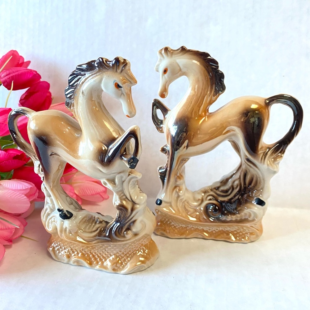 Vintage 7” Lusterware Prancing Wild Horses Statue Set of Two